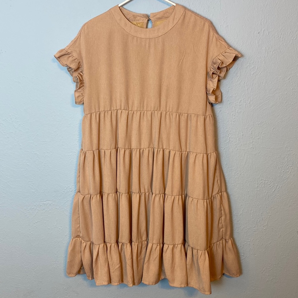 Foteisy Womens Size Medium Light Pink Tiered Dress Capped Flutter Sleeves Flowy
